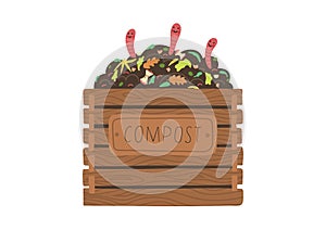 Compost box with with funny worms. Recycling concept.