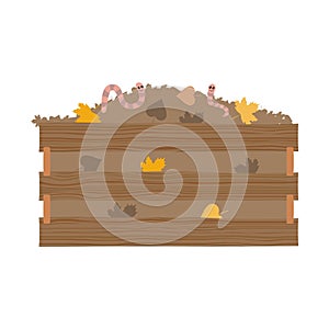Compost box with with funny worms. Recycling concept. Flat vector illustration.