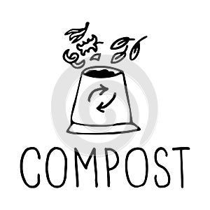 Compost drawing and lettering. Hand drawn vector sign