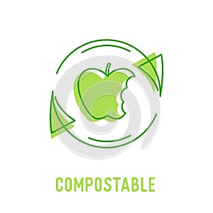 Compostable Waste Concept. Organic Trash, Food Compost Icon with Apple Stump and Recycling Rotating Arrows Sign