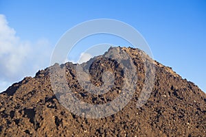 Composted olive mill pomace piled beside vineyard