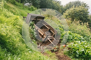 composter tumbling down a hillside, with garden at the bottom