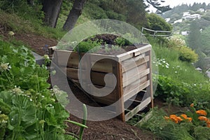 composter tumbling down a hillside, with garden at the bottom