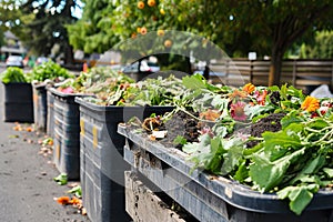 Composting bins on a city street. An urban composting program.