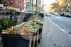 Composting bins on a city street. An urban composting program.