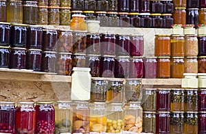 Compotes, jam, jams and traditional Georgian sauces from berries, fruits and vegetables at home. photo