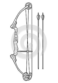 Compound bow illustration, drawing, engraving, ink, line art, vector