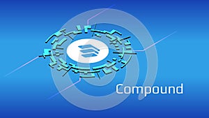 Compound COMP isometric token symbol of the DeFi project in digital circle on blue background. photo