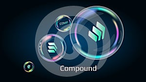 Compound COMP token symbol in soap bubble, coin DeFi project decentralized finance. photo