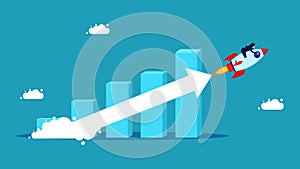 Compound interest growth. Investment grows. Bar graph with arrows following a flying rocket