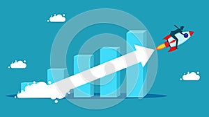 Compound interest growth. Investment grows. Bar graph with arrows following a flying rocket