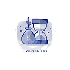 Compound interest, time is money, financial investments, future income growth, revenue increase, pension fund plan, vector icon