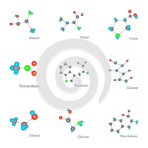 Compound molecule icons set, cartoon style
