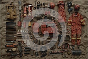 Comprehensive assortment of firefighter gear and equipment on sand