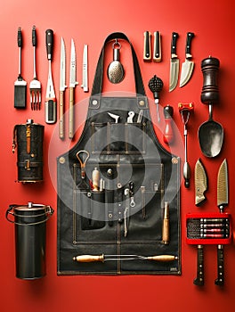 Comprehensive Collection of Cooking Utensils and Chef Tools on Red Background for Culinary Arts