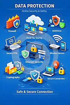 Comprehensive Data Protection And Online Security Concept With Modern Isometric Icons