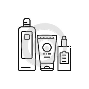 Comprehensive hair care black line icon. Cosmetic products: shampoo, conditioner, oil. Beauty industry. Pictogram for web page,