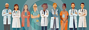 A comprehensive illustration of medical staff collaborating to provide diverse patient care