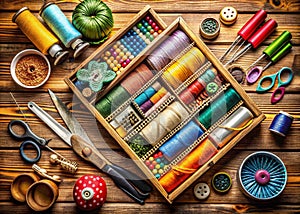 A Comprehensive Quilting and Sewing Kit Essential Accessories on a Rustic Wooden Table for Creative Projects