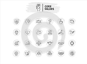 A comprehensive set of icons representing core company values, culture, mission, and principles. Ideal for conveying your business