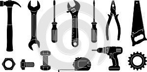 Collection of Essential Hand Tools and Hardware Silhouettes