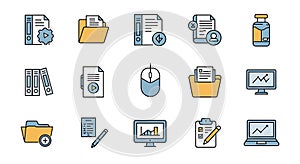 Office, Document and Data Management Flat Line Icons Set