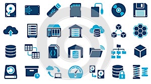 A comprehensive vector icon set illustrating various digital data storage, cloud computing, and server infrastructure solutions