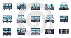 Control Room Workstations and Server Racks Vector Set