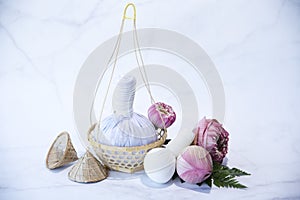 Compress ball, spa massage,Herbal Compress Ball with, Lotus Flower - Beauty Concept, spa theme object on white background
