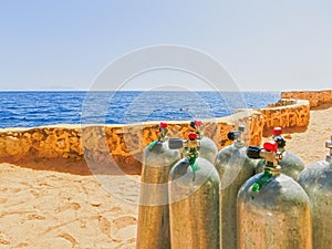 Compressed air tanks prepared for diving trip