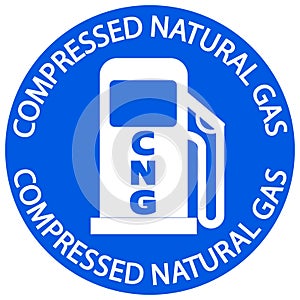 Compressed natural gas station for vehicles. Round blue sign with symbol and circle text.