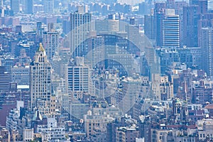 Compressed view of buildings and pollution nebula. Concept of crowded cities and pollution. NYC, USA