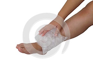 Compression ankle with ice on white background. Isolate ice pack on white background. Cold compress on white.