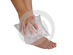 Compression ankle with ice on white background. Isolate ice pack on white background. Cold compress on white.