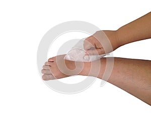 Compression ankle with ice on white background. Isolate ice pack on white background. Cold compress on white.