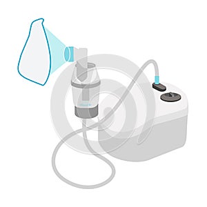 Compressor Inhaler with long air tube . Steam bronchitis,astma inhalation. home evaporation multipart pair. vector illustration