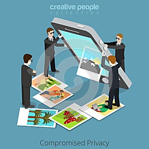 Compromised privacy concept. Special agents shake out content from big smartphone. Flat 3d isometry isometric style web site app