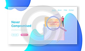 Compromising Material Landing Page Template. Tiny Male Character with Magnifying Glass Take Folder