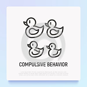 Compulsive behavior symbol. ManiÑ addiction from orderliness thin line icon: ducks arranged by size. Modern vector illustration