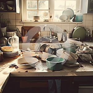 Compulsive Hoarding Syndrom - messy kitchen with pile of dirty dishes