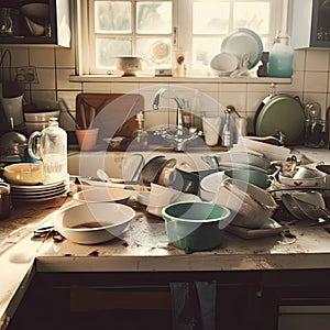Compulsive Hoarding Syndrom - messy kitchen with pile of dirty dishes photo