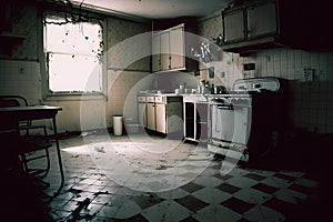 Compulsive Hoarding Syndrom - messy kitchen with pile of dirty dishes. Neural network AI generated