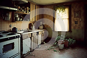 Compulsive Hoarding Syndrom - messy kitchen with pile of dirty dishes. Neural network AI generated