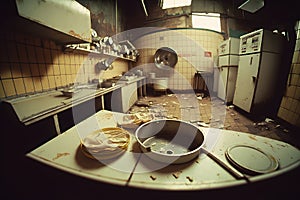 Compulsive Hoarding Syndrom - messy kitchen with pile of dirty dishes. Neural network AI generated