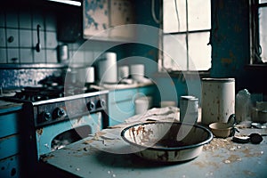 Compulsive Hoarding Syndrom - messy kitchen with pile of dirty dishes. Neural network AI generated