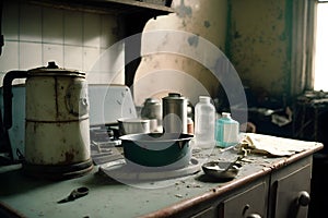 Compulsive Hoarding Syndrom - messy kitchen with pile of dirty dishes. Neural network AI generated