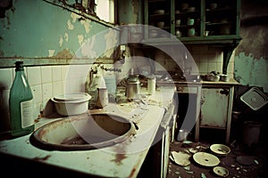 Compulsive Hoarding Syndrom - messy kitchen with pile of dirty dishes. Neural network AI generated photo
