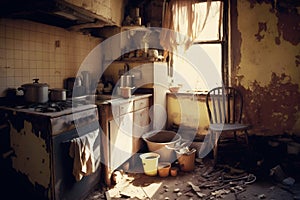 Compulsive Hoarding Syndrom - messy kitchen with pile of dirty dishes. Neural network AI generated photo