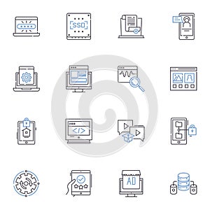 Computable line icons collection. Innovation, Technology, Information, Computing, Software, Algorithm, Analytics vector photo