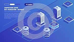 Computation of big data center, information processing, database. internet traffic routing, server room rack isometric